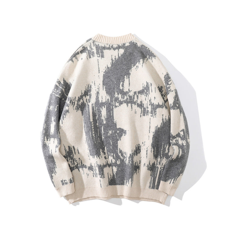 Men Sweater Tie-Dyed Jacquard Alphabet Embroidery Knitted Sweater