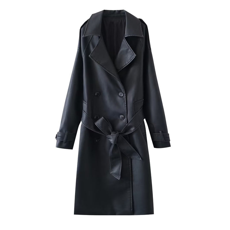 Women Trench Coat Temperament Mid-Length Leather Coat