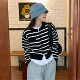 Women Knitted Cardigan Striped Retro Sweater