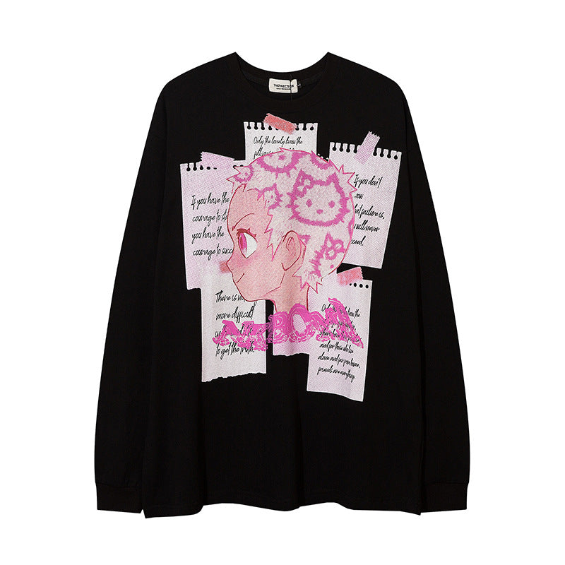 Men Long Sleeve T-shirt Cute Anime Cartoon Printed Cute Trendy Casual