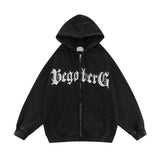Men Fleece Lined Hoodie Letter Print Hooded Cardigan Sweater Male Loose Zipped Sports Coat