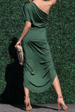 Women Dress Slant-Shoulder Pleated Gown Dress