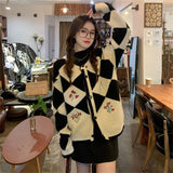 Women Knitted Cardigan Retro College Style Crew Neck Sweater