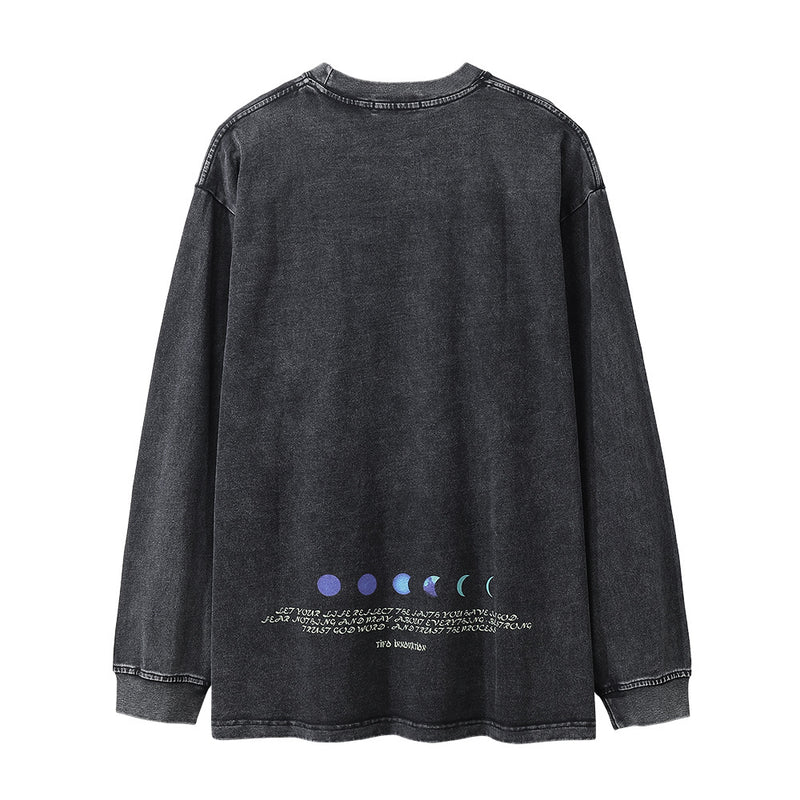 Men Long Sleeve T-shirt Depressed Skull Nun Printed Washed Old