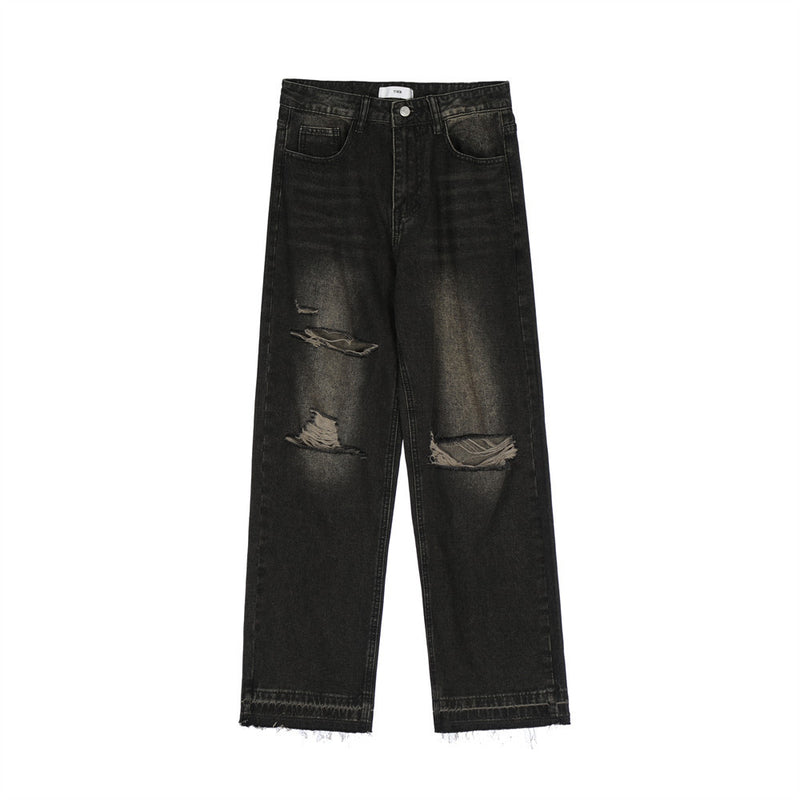 Men Jeans Loose Hole Vintage Washed