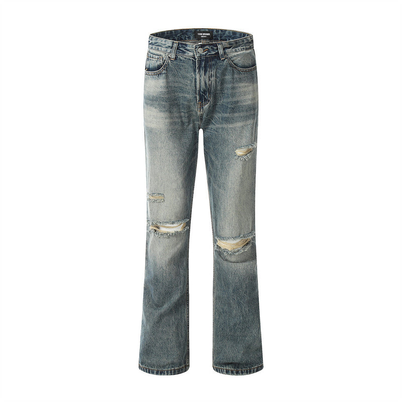 Men Jeans Loose Hole Casual Retro Wide-Leg Pants