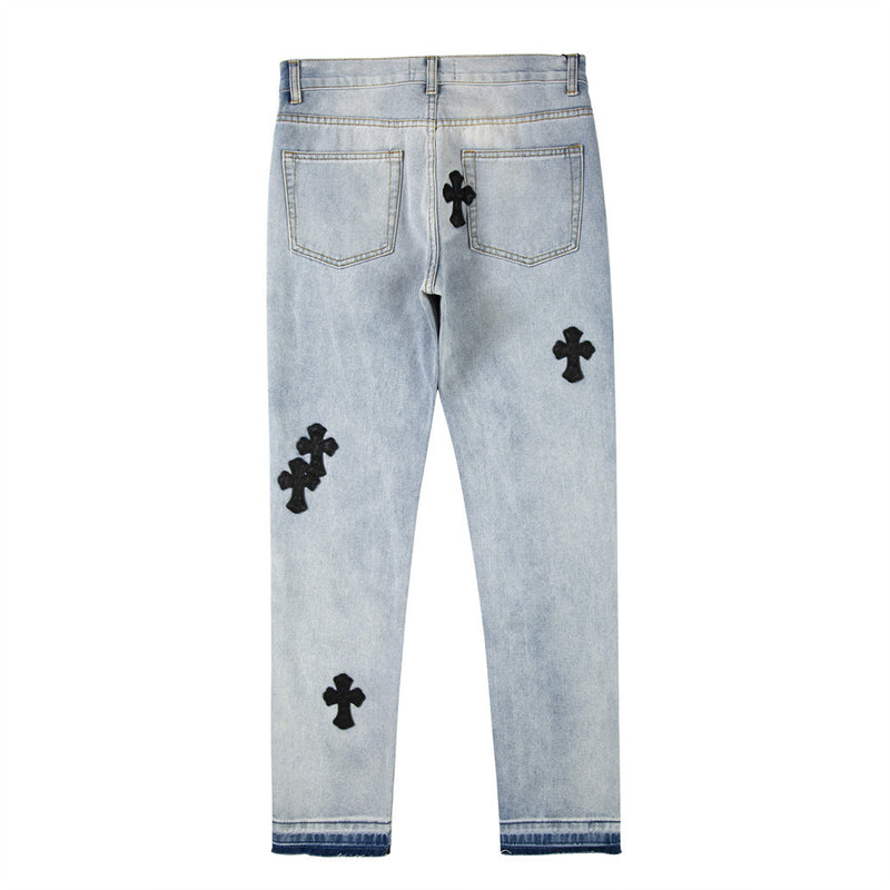 Men Jeans Leather Embroidered Cross Casual Loose