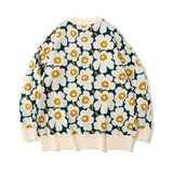 Men Sweater Flower Jacquard Sweater Loose round Neck