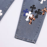 Men Jeans Cross Leather Embroidery Personality