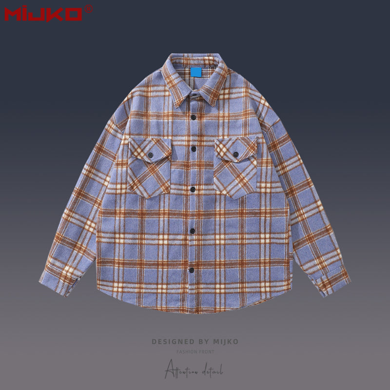 MIJKO Mens Jacket Plaid Long Sleeve Wool Shirt