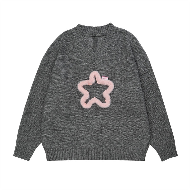 Men Sweater Pink Five-Pointed Star V-neck Sweater Niche