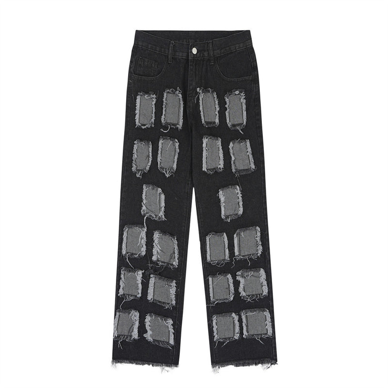 Men Jeans Punk Hole & Patch Raw Edges