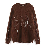 Women Sweater Contrast Color Letter Jacquard round Neck Sweater Sweater