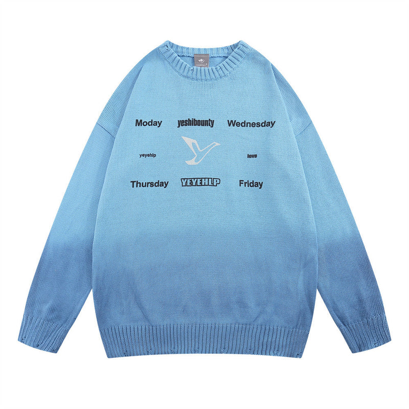 Men Sweater Gradient Tie-Dye Printed round Neck Sweater