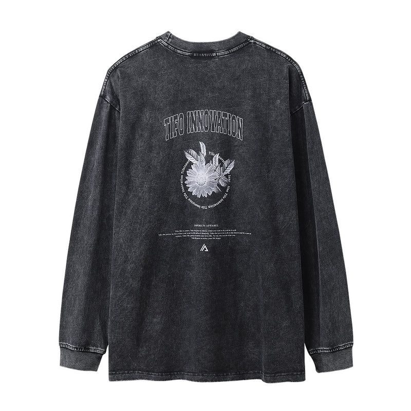 Men Long Sleeve T-Shirt Chrysanthemum Pattern Distressed Butterfly