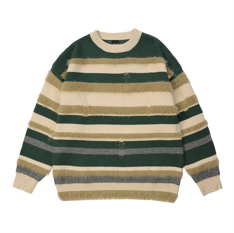 Men Sweater Striped round Neck Loose Sweater