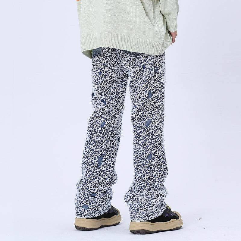 Men Jeans Hole Mesh Stitching Loose Straight