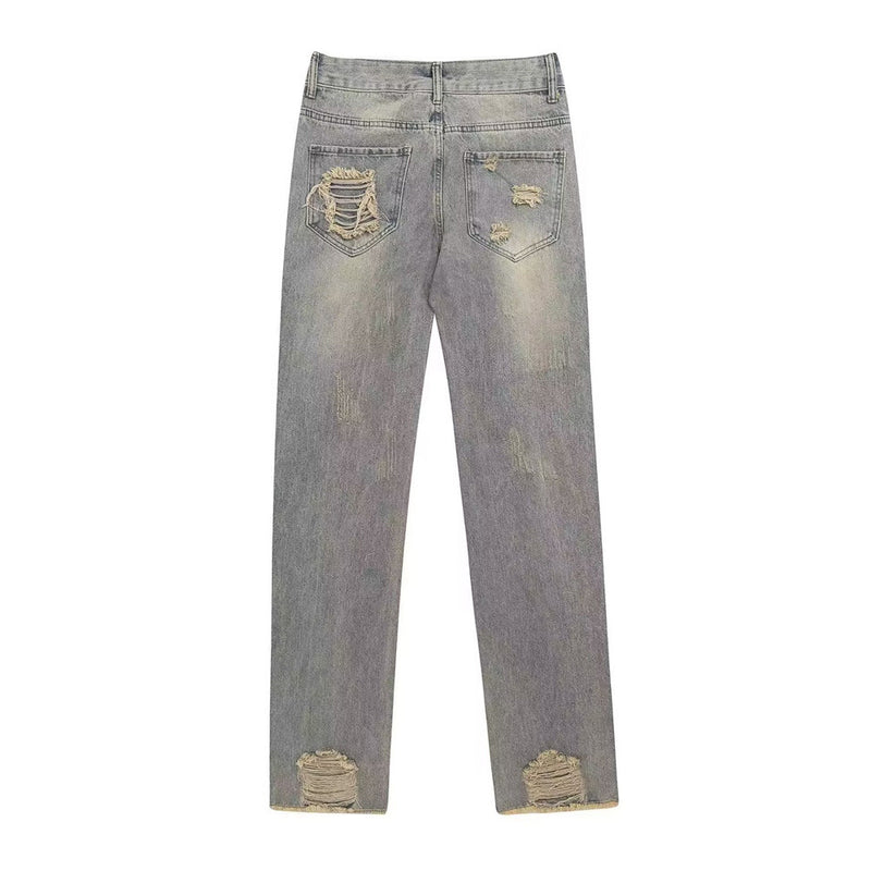 Men Jeans Ripped Leisure Loose Raw Hem Slim Fit