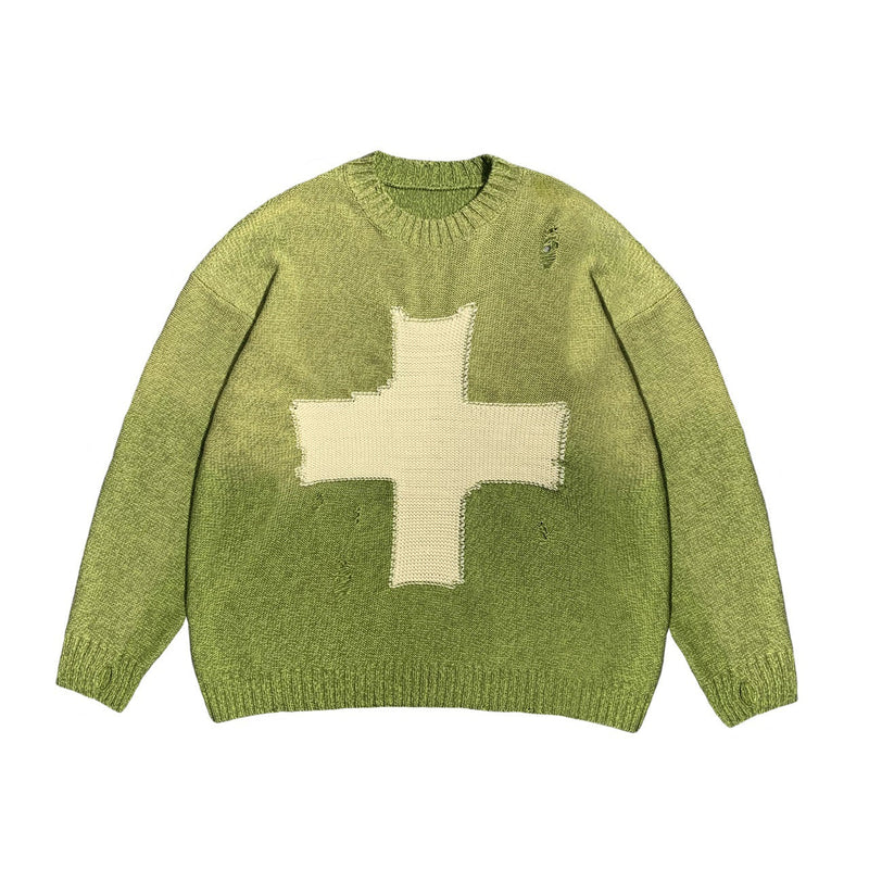 Kapital Sweater Vintage Hida and Macro Cross Ripped round Neck Knitted Pullover Long Sleeve Sweater