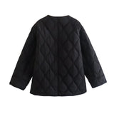 Women Cotton Coat Fashion Collarless Diamond Lattice Loose