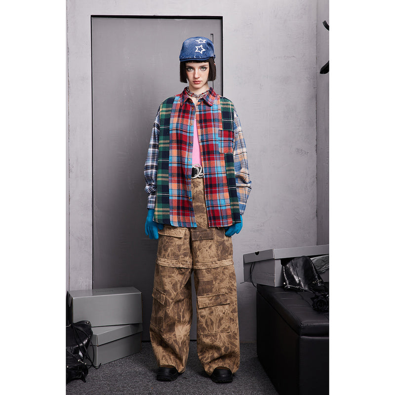 Unisex Shirt Handsome Spliced Plaid Blouse