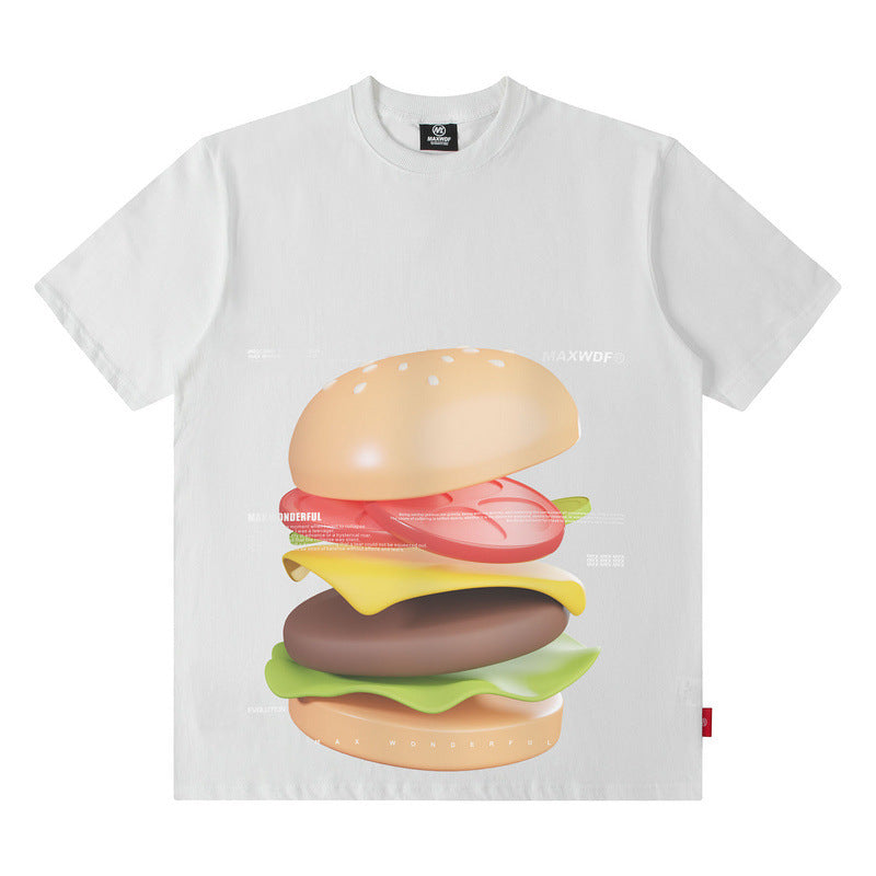 Men T-Shirt Hamburger Print Loose round Neck