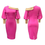 Women Dress Hip off-the-Shoulder Puff Sleeves Slim Fit Dress