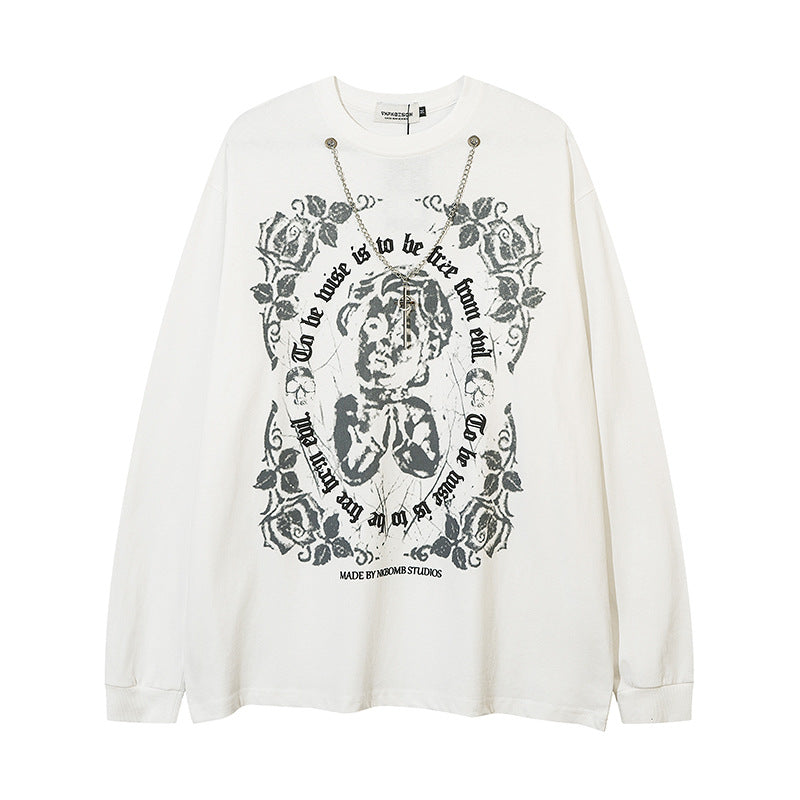 Men Long Sleeve T-Shirt Portrait Graffiti Printing Necklace Decoration