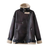 Women Cotton Coat PU Leather Zipper Lamb Wool Jacket