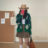 Women Knitted Cardigan Plaid Knitted Loose Vintage