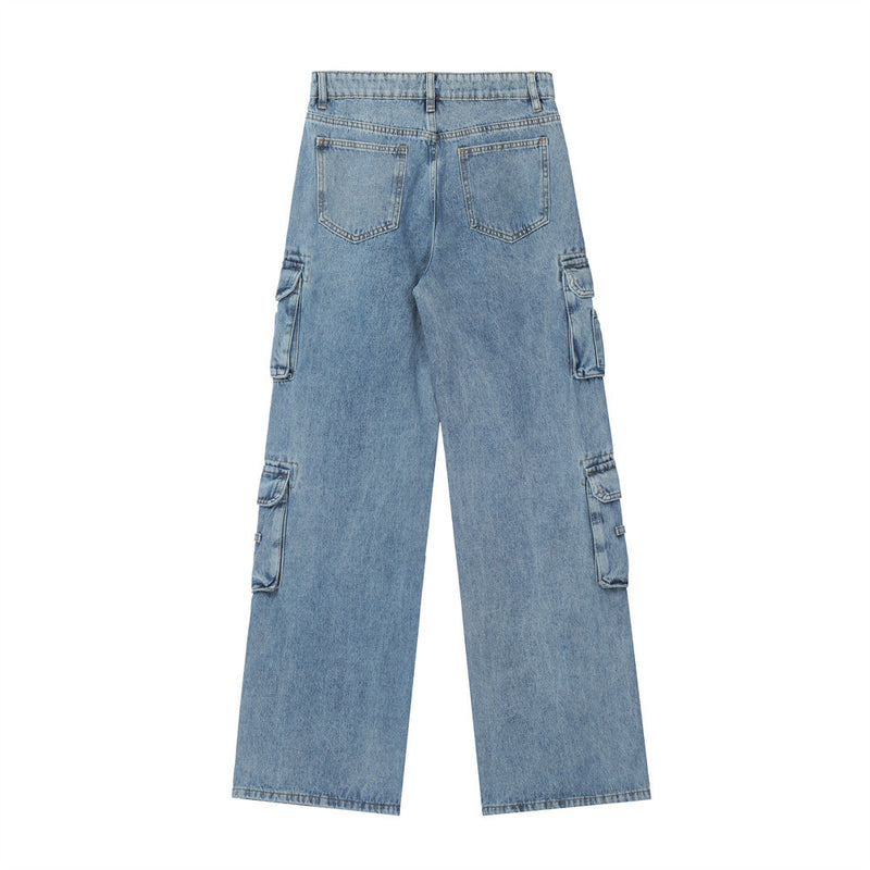 Men Jeans Vintage Multi-Pocket Distressed Overalls Loose