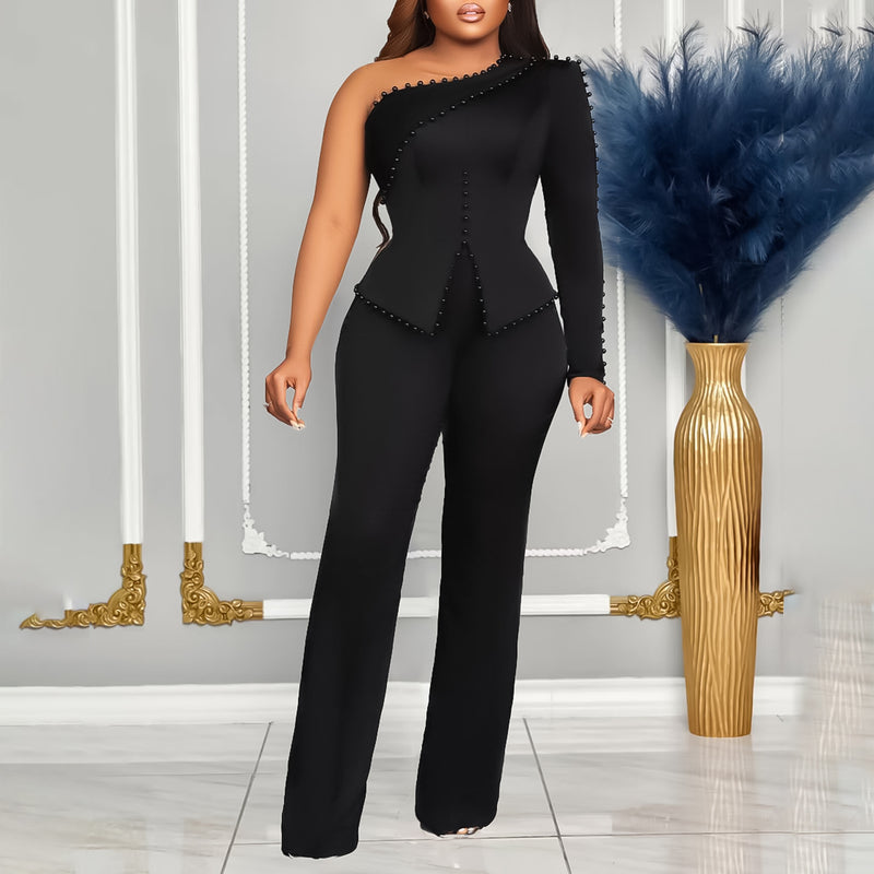 Women Jumpsuit Women's Oblique Shoulder Beaded