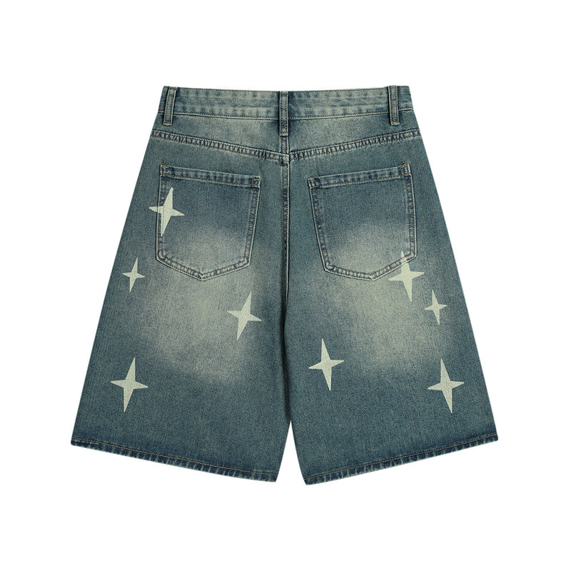Men Jeans Cross Asterism Printed Cropped Pants Loose Casual