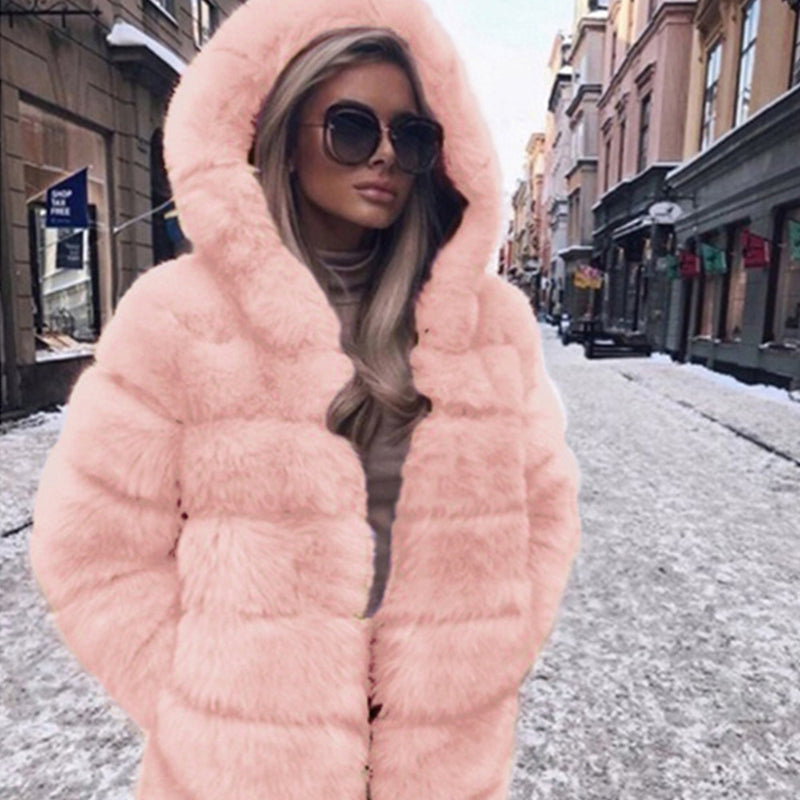 Women Fur Jacket Fashion Push Warm Long-Cut Coat