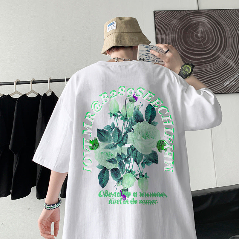 Men T Shirt Rose Pattern Retro Hiphop