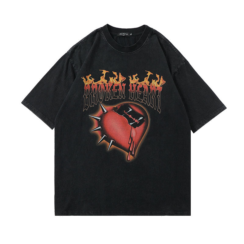 Men T-Shirt Retro Distressed Flame Heart Printing Oversize