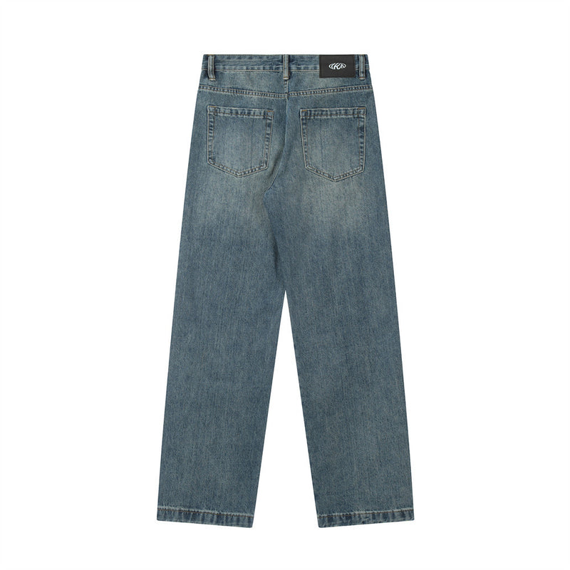 Men Jeans Worn White Old Loose Wide Leg Leisure