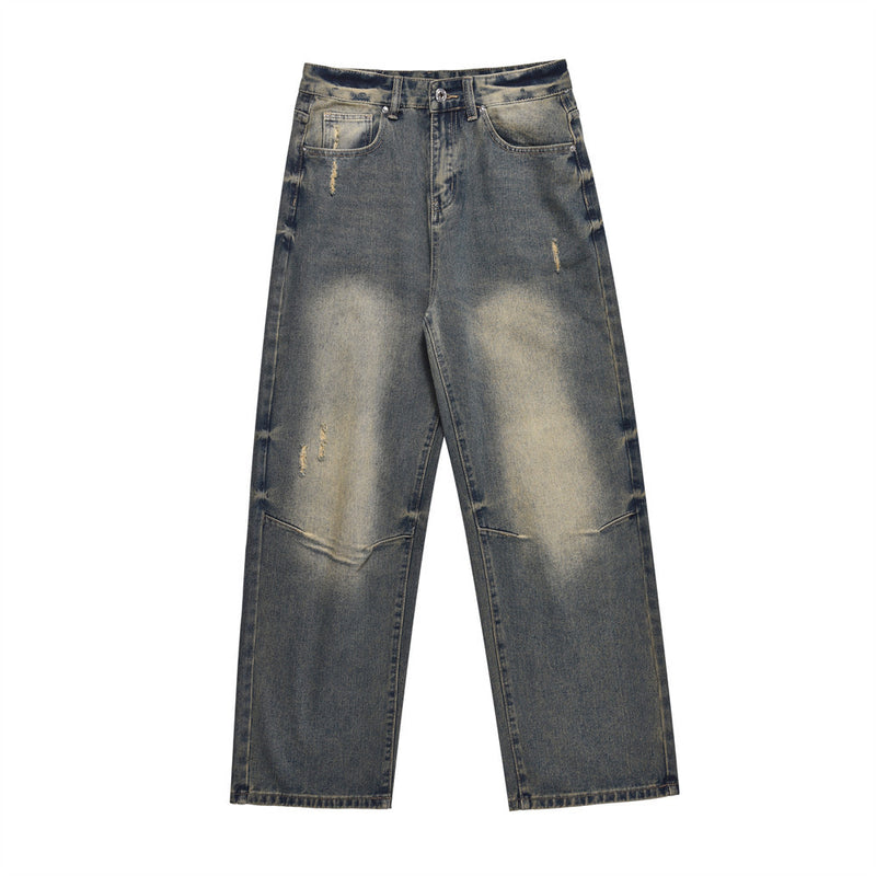 Men Jeans Vintage Crumpled Ripped Distressed Loose