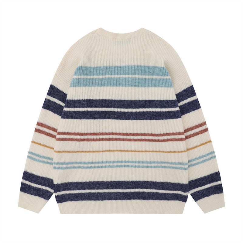 Men Sweater Flower Stripe Crew Neck Sweater