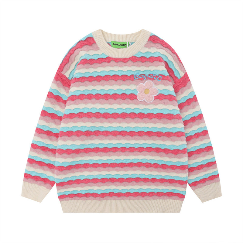 Men Sweater Striped Wave Base Knitting Loose