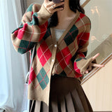 Women Knitted Cardigan Plaid Knitted Loose Vintage