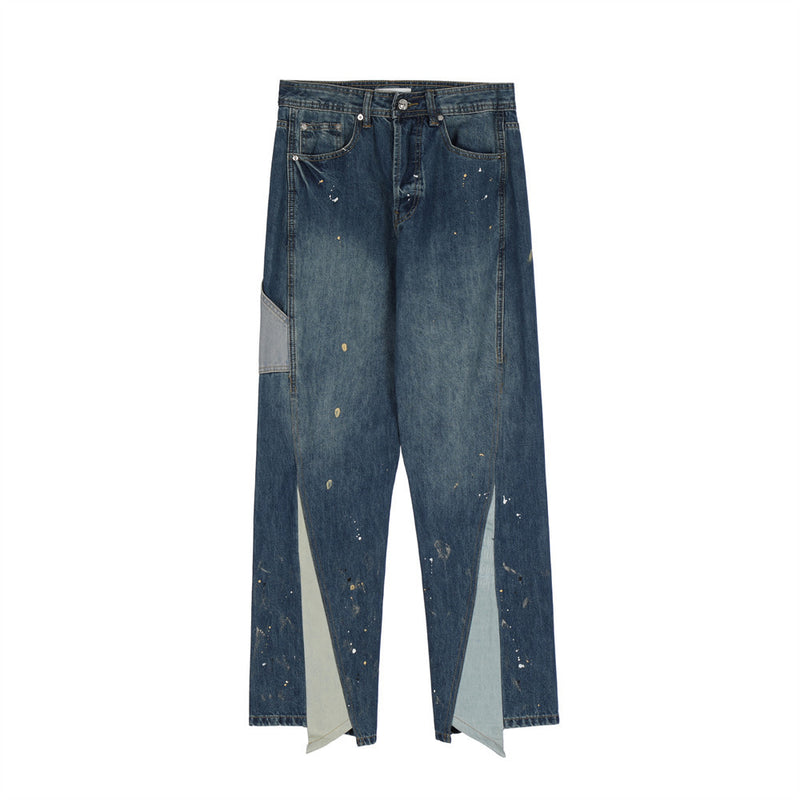 Men Jeans Stitching Loose Cool Ground White Splash Ink