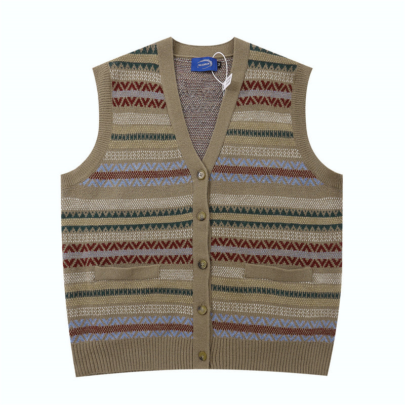Men Sweater Striped Jacquard V-neck Sweater Woolen Vest