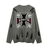 Women Sweater Cross Ripped Sweater Vintage Burr Knitted