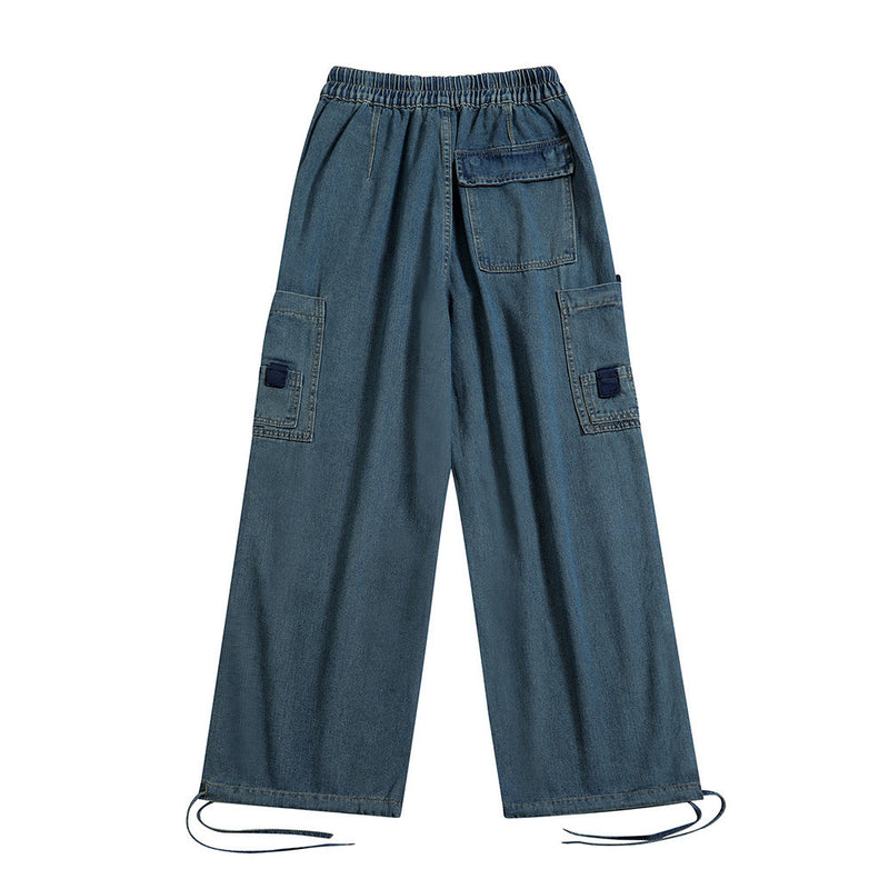 Men Jeans Multi-Pocket Workwear Loose Drawstring Girdle