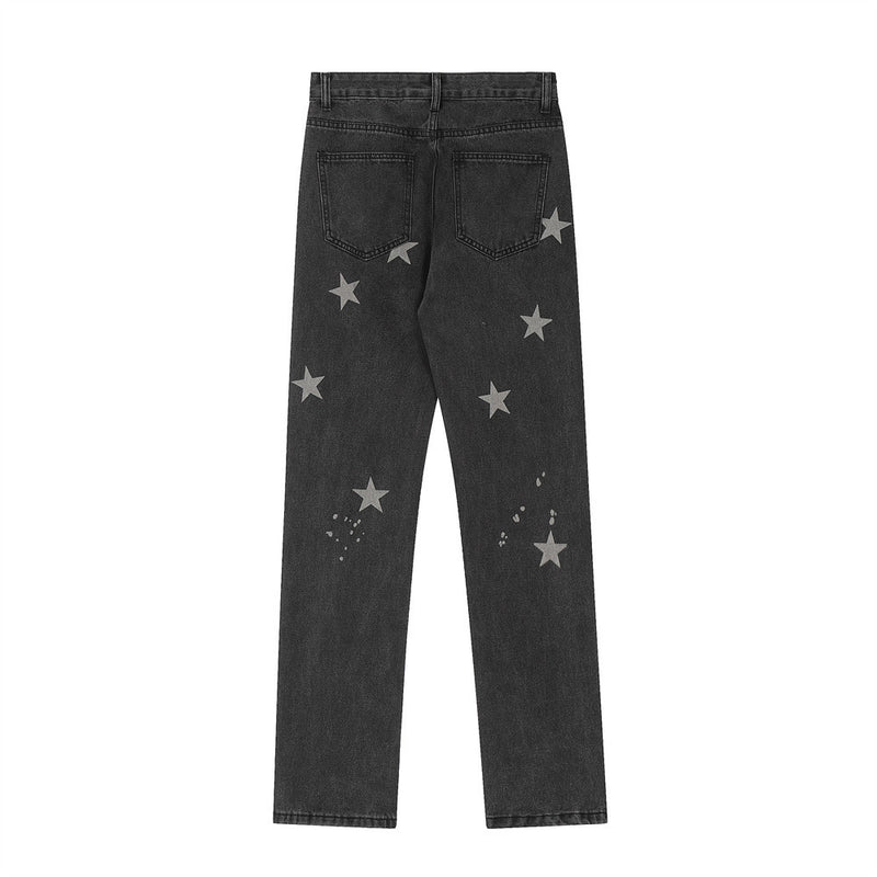 Men Jeans Five-Pointed Star Printed Worn Slim Trousers