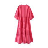 Women Dresses V-neck Patchwork Pink Medium-Length Dress