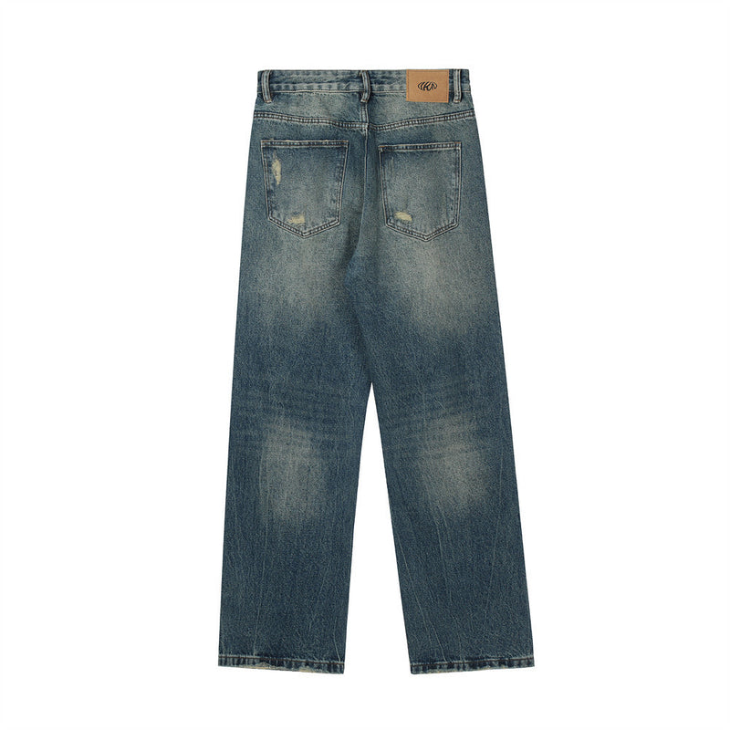 Men Jeans Dark Blue Distressed Loose