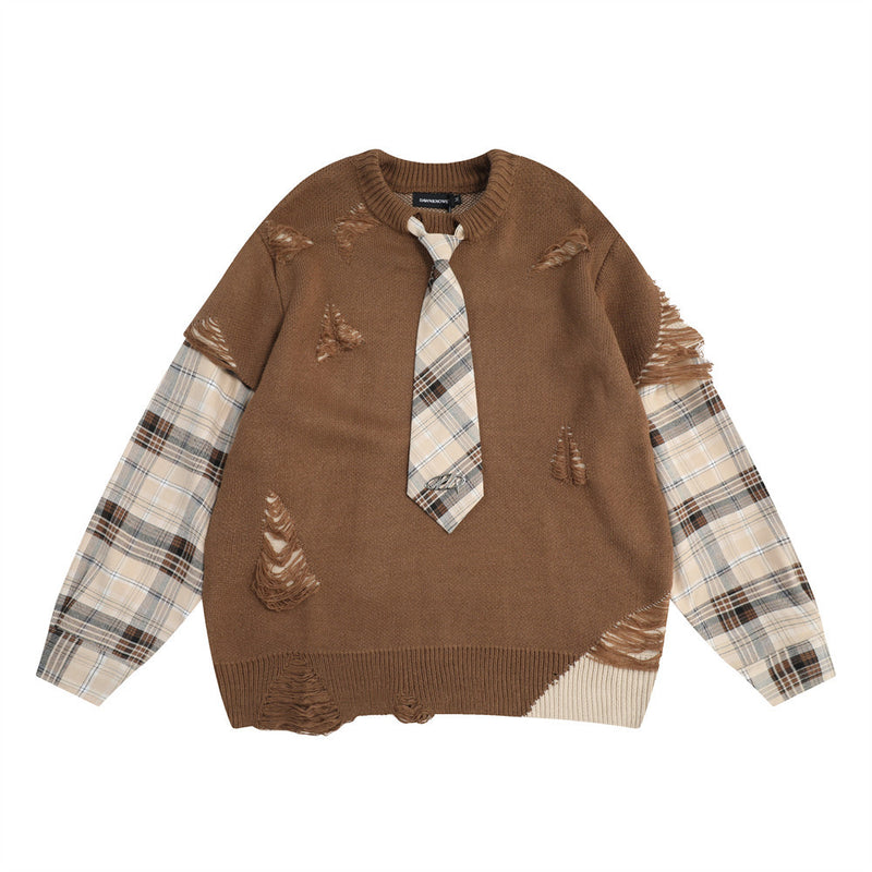 Men Sweater Stitching Fake Two-Piece round Neck Sweater Ripped