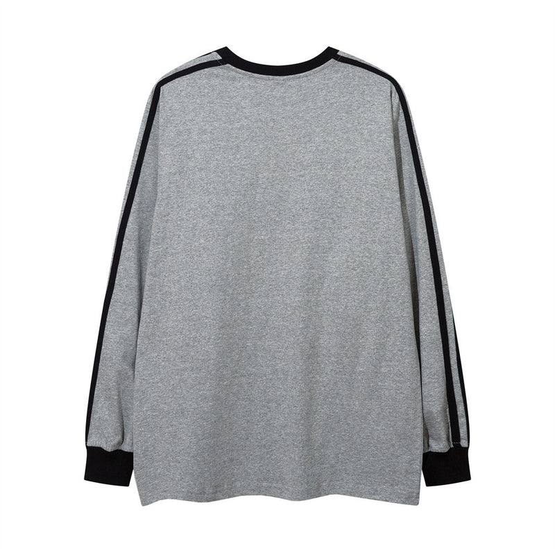 Men Long Sleeve T-shirt Patchwork Stripes Embroidery Loose Sports